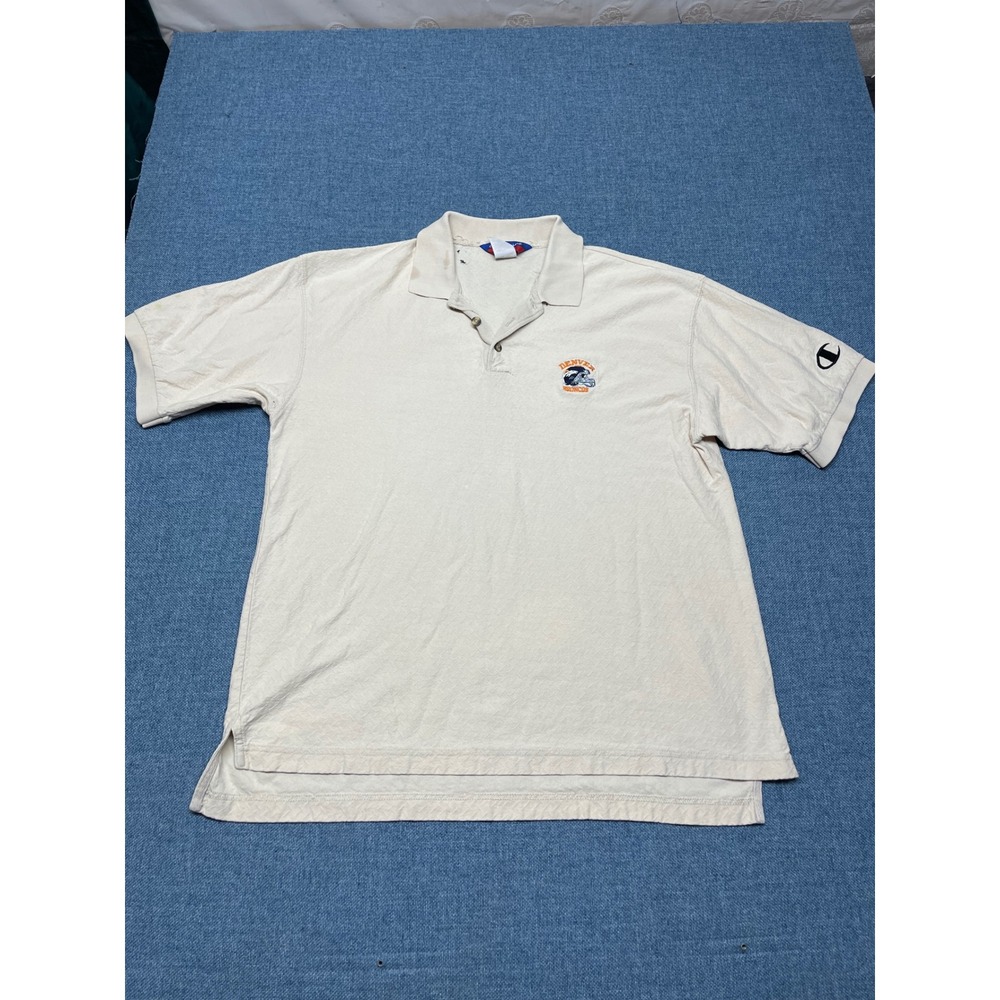 VTG Champion Denver Broncos Polo Shirt Mens Large Cream Textured NFL Football